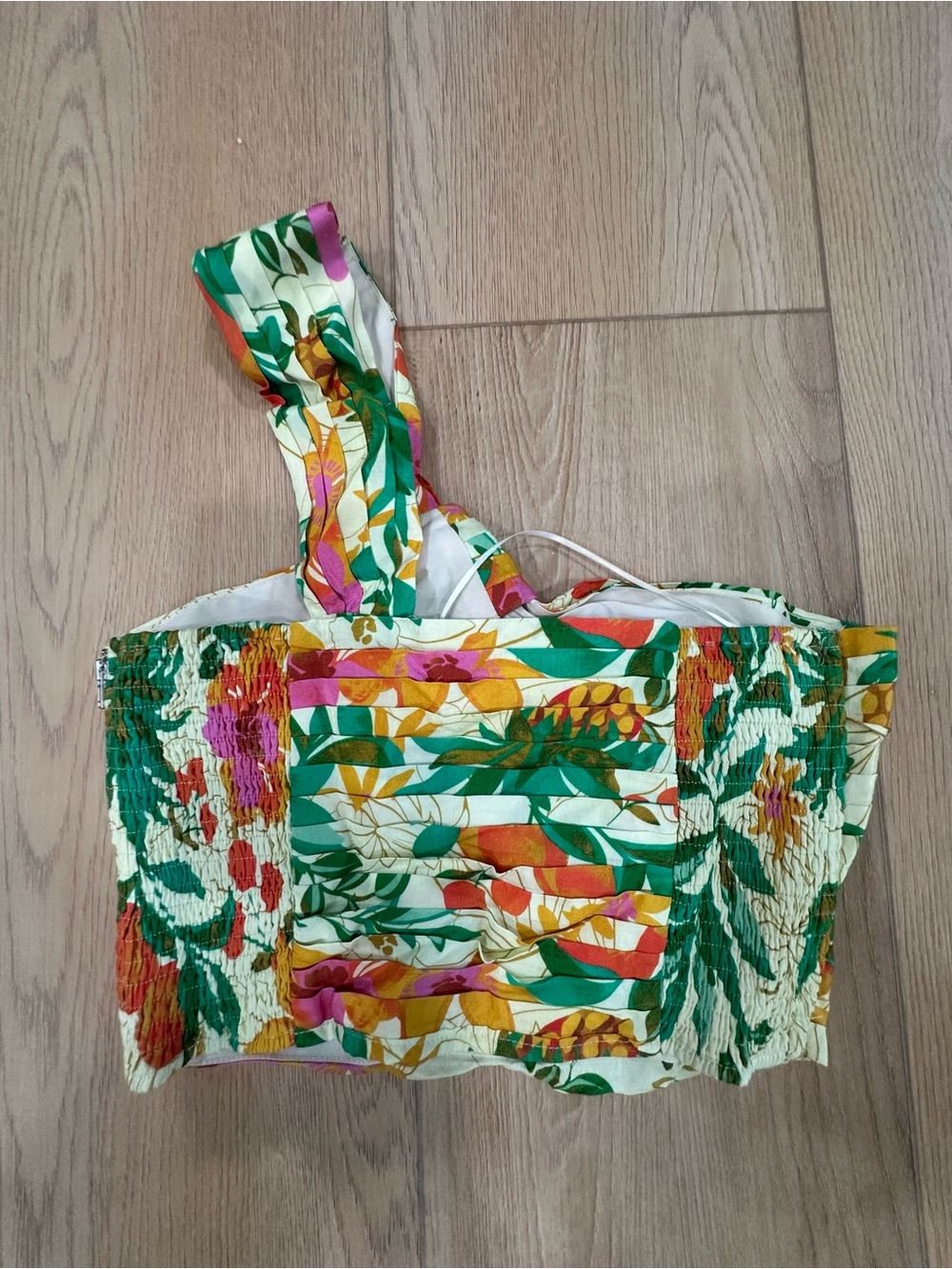 Astr Tropical One-Shoulder Crop Top in Green, Yellow & Pink - Picture 2 of 4